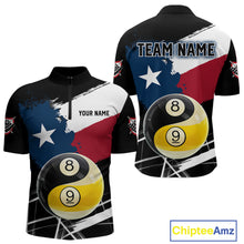 Load image into Gallery viewer, Men's quarter-zip billiard jersey featuring Texas flag splash, Yin Yang artwork, 8 ball and 9 ball graphics, custom performance apparel for league tournaments and professional billiard teams, representing harmony, focus and victory.