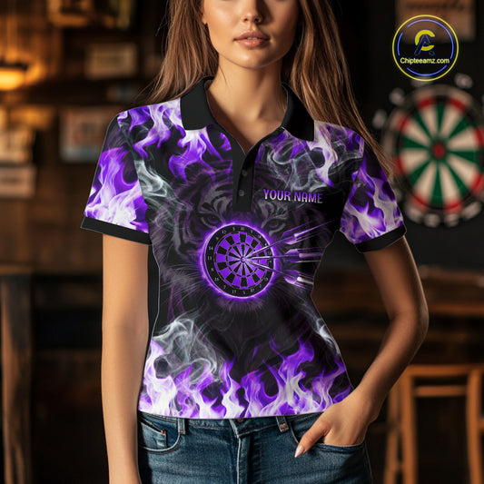 Purple Flaming Tiger Women Dart Polo Shirts Personalized Name & Team Fire Flame Dart Jerseys NYN2101