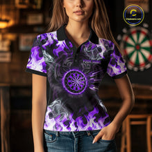 Load image into Gallery viewer, Purple Flaming Tiger Women Dart Polo Shirts Personalized Name &amp; Team Fire Flame Dart Jerseys NYN2101