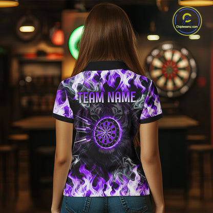 Purple Flaming Tiger Women Dart Polo Shirts Personalized Name & Team Fire Flame Dart Jerseys NYN2101
