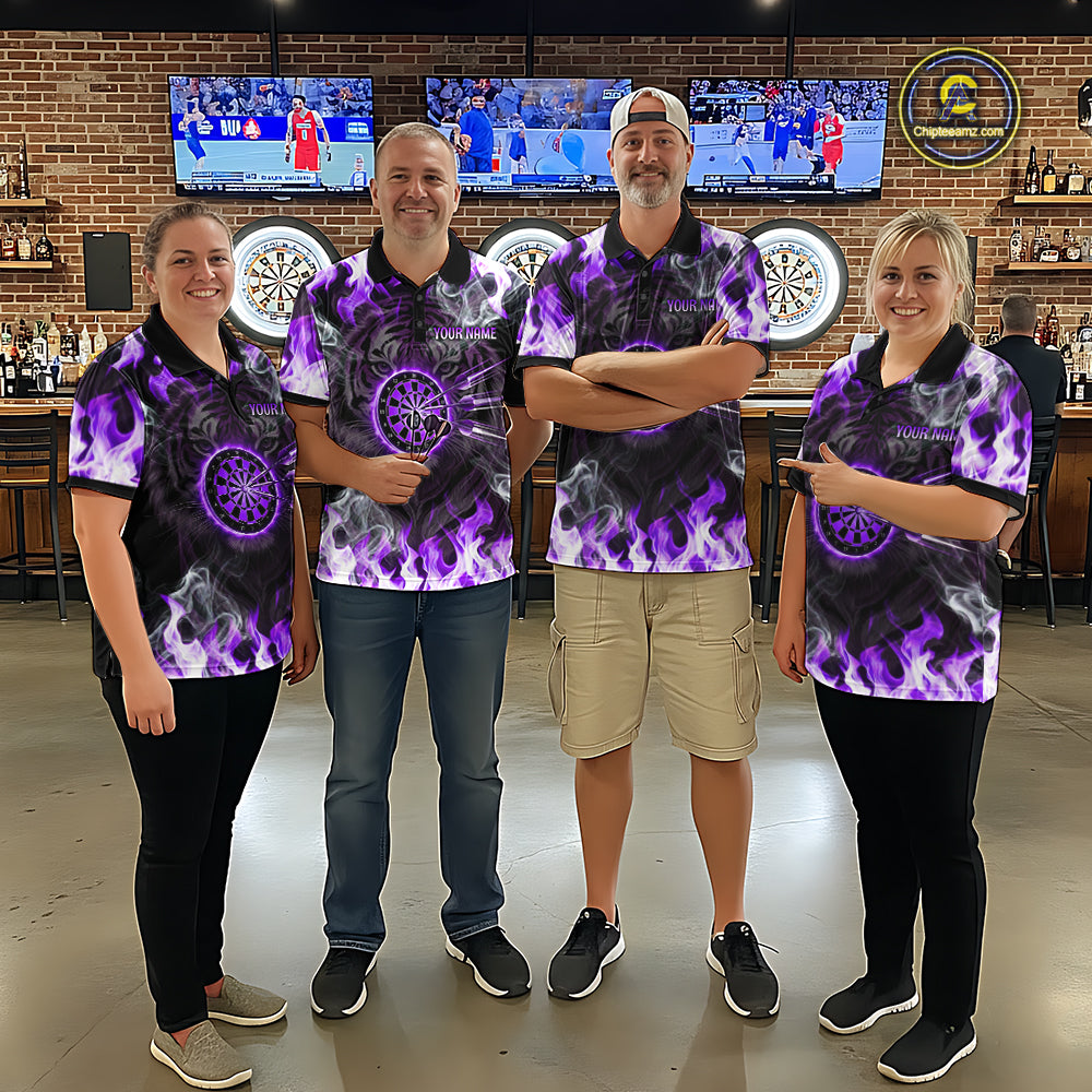 Purple Flaming Tiger Women Dart Polo Shirts Personalized Name & Team Fire Flame Dart Jerseys NYN2101