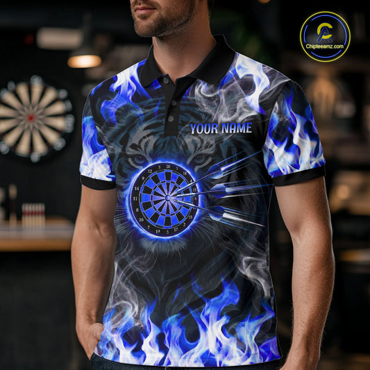 Blue Flaming Tiger Men Dart Polo Shirts Personalized Name & Team Fire Flame Dart Jerseys NYN2103