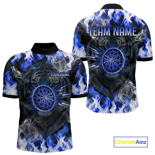 Blue Flaming Tiger Men Dart 1/4-Zip Shirts Personalized Name & Team Fire Flame Dart Jerseys NYN2103
