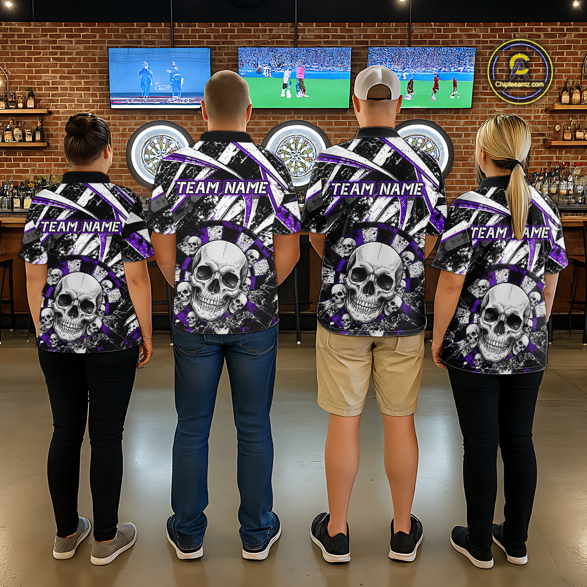 Black & Purple Dartboard Grunge Men Darts 1/4-Zip Shirts Custom Multi-Skull Dart Team Jerseys NYN2350