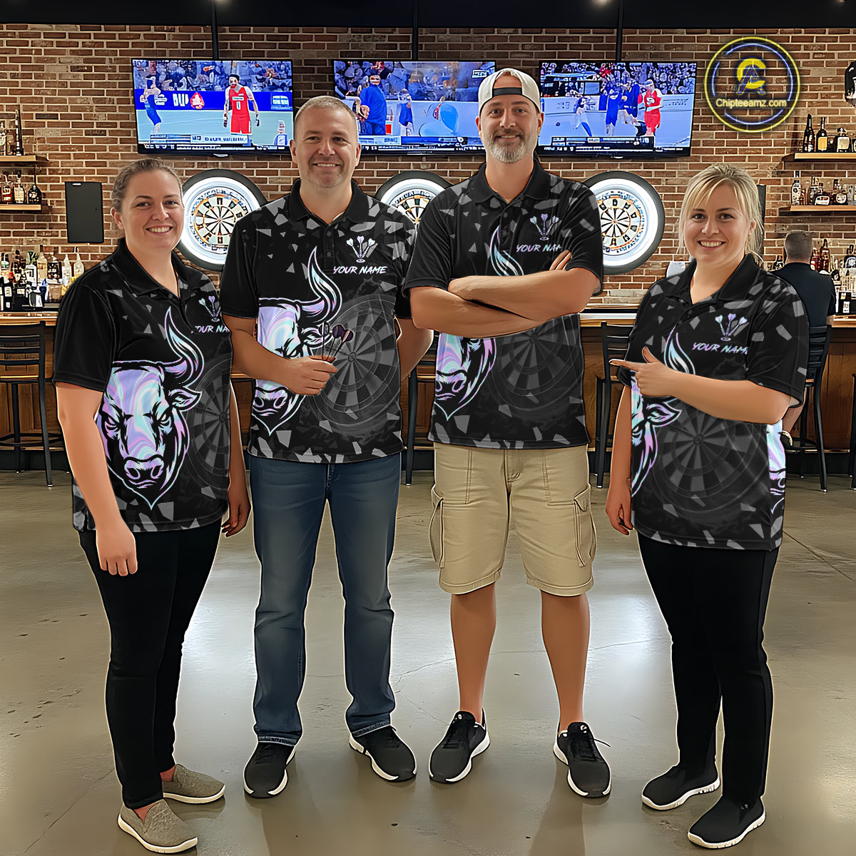 Bull & Dartboard Custom Grunge Women Darts 1/4-Zip Shirt Holographic Darts Team Jersey NYN2353