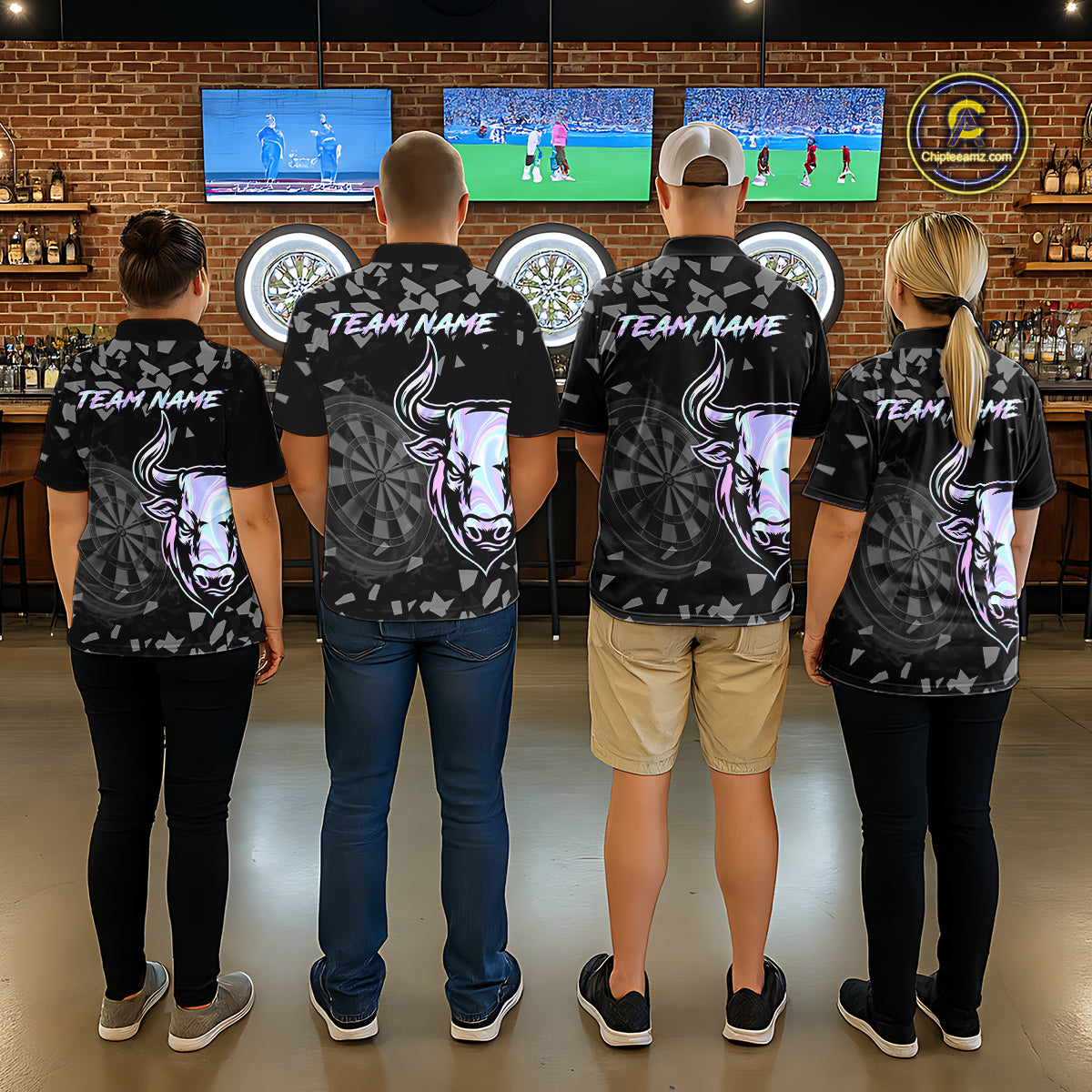 Bull & Dartboard Custom Grunge Women Darts 1/4-Zip Shirt Holographic Darts Team Jersey NYN2353