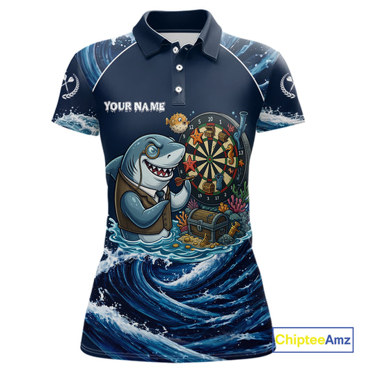 Blue Waving Funny Shark Play Darts Polo & 1/4-Zip Shirt For Women Custom Name Dart Jersey For Darters NYN2977