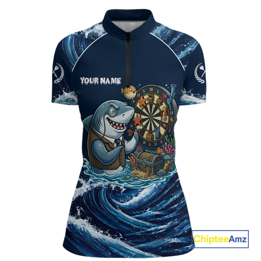 Blue Waving Funny Shark Play Darts Polo & 1/4-Zip Shirt For Women Custom Name Dart Jersey For Darters NYN2977