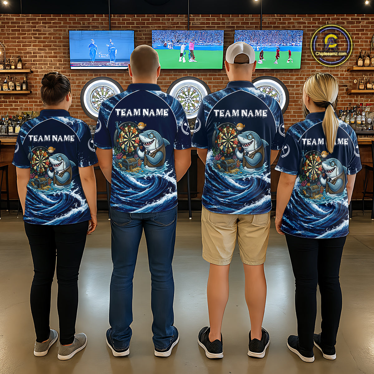 Blue Waving Funny Shark Play Darts Polo & 1/4-Zip Shirt For Women Custom Name Dart Jersey For Darters NYN2977