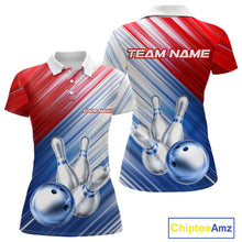Load image into Gallery viewer, Red And Blue Strike Bowling Shirt For Women Custom Polo Quarter-Zip Bowling Team Jersey NYN3679