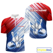 Load image into Gallery viewer, Red And Blue Strike Bowling Shirt For Men Custom Polo Quarter-Zip Bowling Team Jersey NYN3679