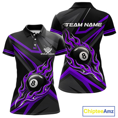 Fire Flame 8 Ball Billiard Team Shirt For Women Custom Black And Purple Pool Billiard Team Jersey NYN3968