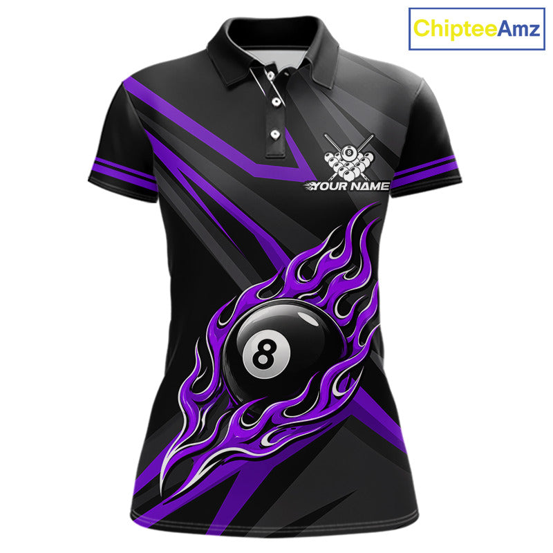 Fire Flame 8 Ball Billiard Team Shirt For Women Custom Black And Purple Pool Billiard Team Jersey NYN3968