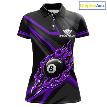 Fire Flame 8 Ball Billiard Team Shirt For Women Custom Black And Purple Pool Billiard Team Jersey NYN3968