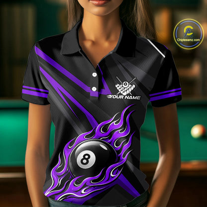 Fire Flame 8 Ball Billiard Team Shirt For Women Custom Black And Purple Pool Billiard Team Jersey NYN3968