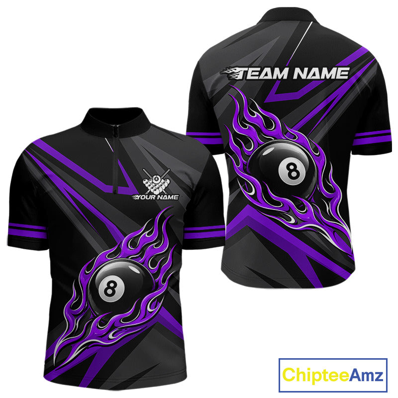 Fire Flame 8 Ball Billiard Team Shirt For Men Custom Black And Purple Pool Billiard Team Jersey NYN3968