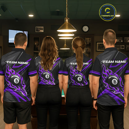 Fire Flame 8 Ball Billiard Team Shirt For Women Custom Black And Purple Pool Billiard Team Jersey NYN3968