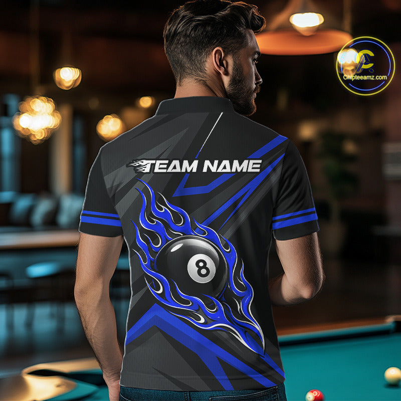 Fire Flame 9 Ball Billiard Team Shirt For Men Custom Black And Blue Pool Billiard Team Jersey NYN3969