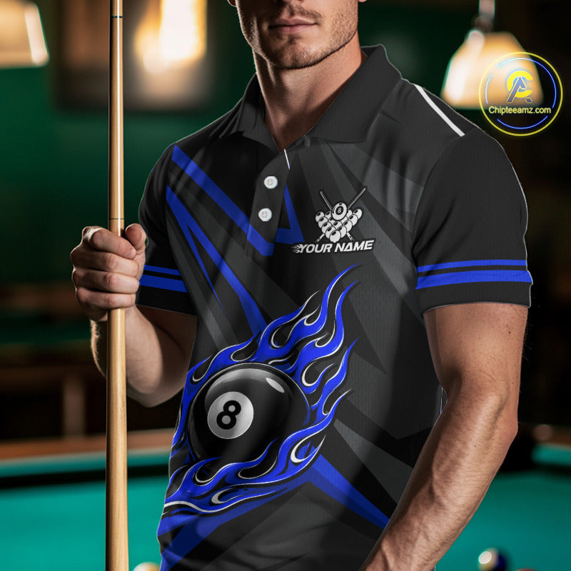Fire Flame 9 Ball Billiard Team Shirt For Men Custom Black And Blue Pool Billiard Team Jersey NYN3969