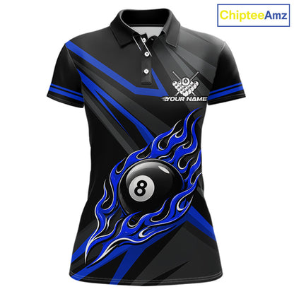 Fire Flame 9 Ball Billiard Team Shirt For Women Custom Black And Blue Pool Billiard Team Jersey NYN3969