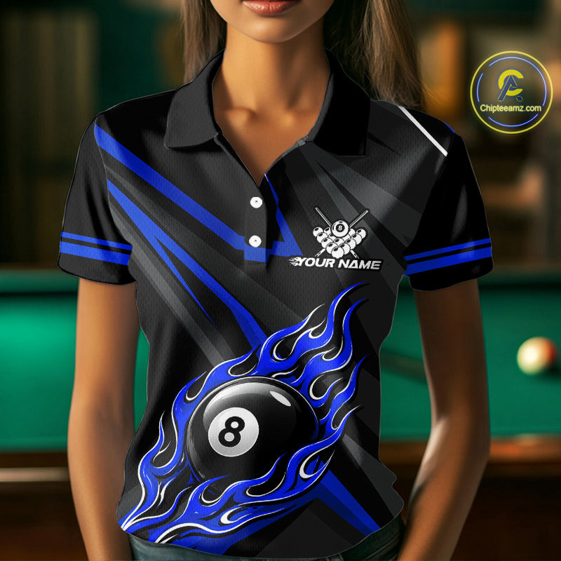 Fire Flame 9 Ball Billiard Team Shirt For Women Custom Black And Blue Pool Billiard Team Jersey NYN3969