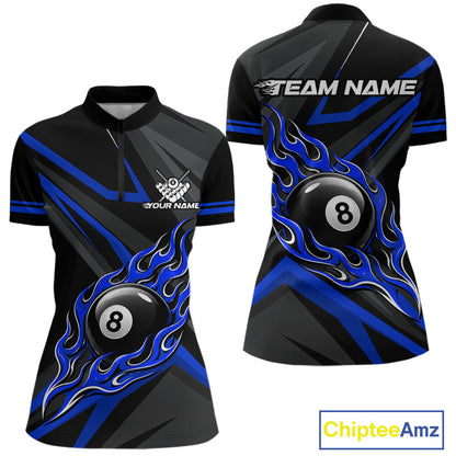 Fire Flame 9 Ball Billiard Team Shirt For Women Custom Black And Blue Pool Billiard Team Jersey NYN3969
