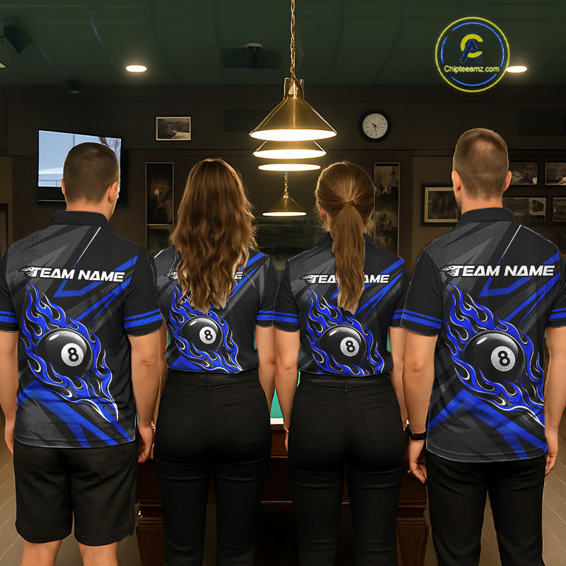Fire Flame 9 Ball Billiard Team Shirt For Men Custom Black And Blue Pool Billiard Team Jersey NYN3969