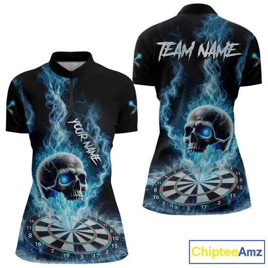 Custom Blue Ice Smoke Skull Dartboard Darts Quarter- Zip Shirt For Women Dart League Jerseys NYN2122
