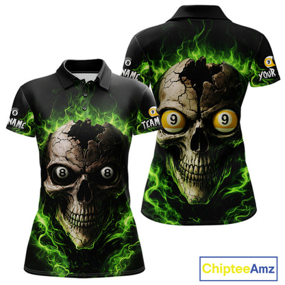 Green Flaming Cracked Skull 8 Ball & 9 Ball Pool Billiard Shirt For Women Custom Billiard Apparel NYN2635