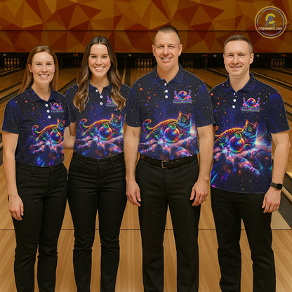 Funny Cat Bowling Polo Quarter-Zip Shirts For Men Custom Colorful Bowling Galaxy Team Jerseys NYN3417