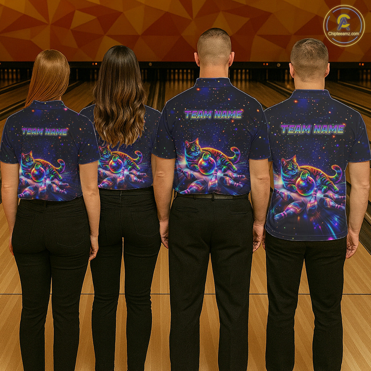 Funny Cat Bowling Polo Quarter-Zip Shirts For Men Custom Colorful Bowling Galaxy Team Jerseys NYN3417