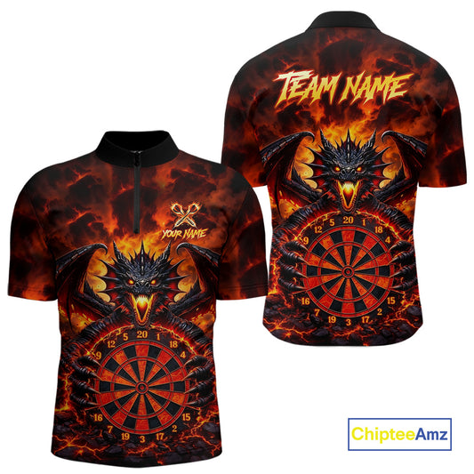 Fire Flame Dragon Black & Red Dartboard Dart 1/4-Zip Shirts For Men Custom Dart Team Shirts NYN2673