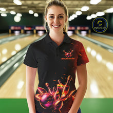 Load image into Gallery viewer, Female bowler wearing fire flame bowling jersey during tournament competition, personalized apparel symbolizing energy, resilience and confidence.