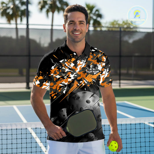 Custom Black & Orange Camo Men Pickleball League Jerseys Grunge Pickleball Paddle Shirts NYN2136