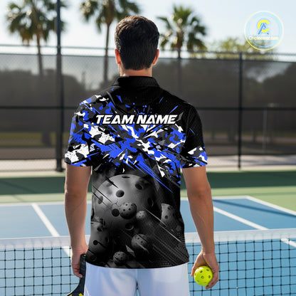 Custom Black & Blue Camo Men Pickleball League Jerseys Grunge Pickleball Paddle Shirts NYN2138
