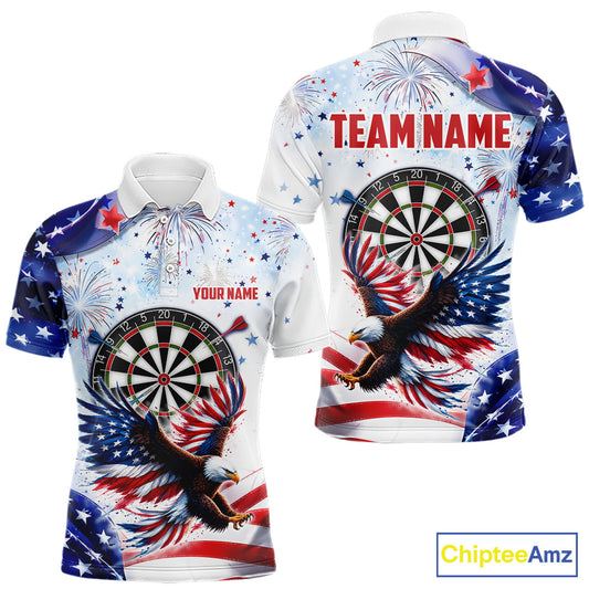 American Flag Eagle men's darts polo with patriotic USA graphics, personalized dart tournament jersey, military appreciation apparel, custom league sportswear