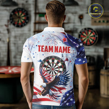 Load image into Gallery viewer, Male model wearing American Flag Eagle darts polo, USA patriotic tournament jersey, veteran appreciation apparel, personalized league performance clothing