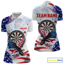 Load image into Gallery viewer, Women's American Flag Eagle quarter-zip darts jersey, patriotic custom tournament shirt, USA dart team apparel, personalized performance clothing