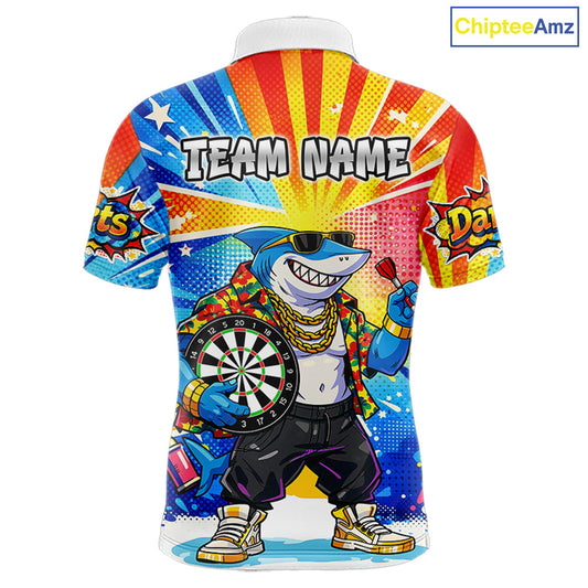Funny Rich Cool Shark Hold Dartboard Men Darts Polo Shirt Custom Pop Art Dart League Shirt NYN2646