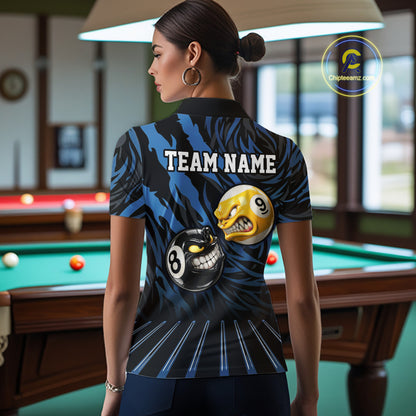 Funny 8 Ball & 9 Ball Billiard Polo & 1/4 Zip For Women Custom Pool Cue Pattern Billiard Jerseys |Blue NYN3018