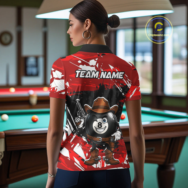 Funny Billiard 8 Ball Cowboy Gun Shirt For Women Custom Grunge Billiard Team Attire | Red NYN3435