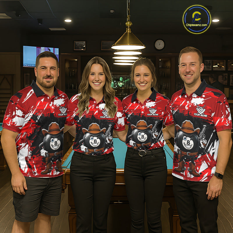 Funny Billiard 8 Ball Cowboy Gun Shirt For Women Custom Grunge Billiard Team Attire | Red NYN3435