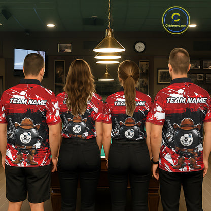 Funny Billiard 8 Ball Cowboy Gun Shirt For Women Custom Grunge Billiard Team Attire | Red NYN3435
