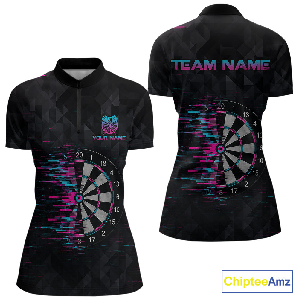 Pink And Blue Strike Dartboard Darts Polo 1/4-Zip Shirt For Women Custom Darts Team Jersey NYN4002