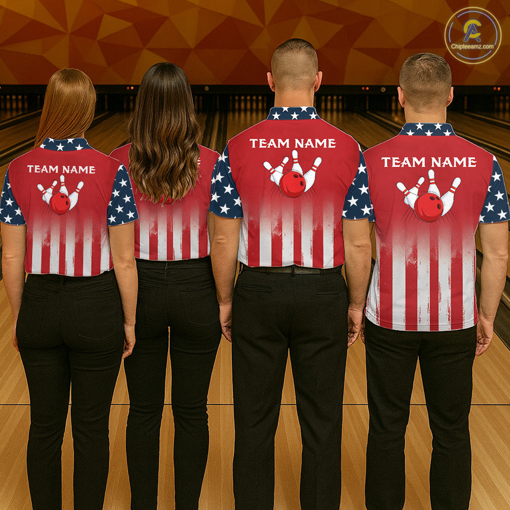 Custom American Flag Bowling Women Polo Quarter-Zip Shirts With Team Name, Patriot Bowlers Outfit NYN3184