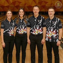 Load image into Gallery viewer, Grunge Black US Flag Strike Bowling Ball &amp; Pins Shirts  For Men Custom Patriot Bowling Team Outfits NYN3186