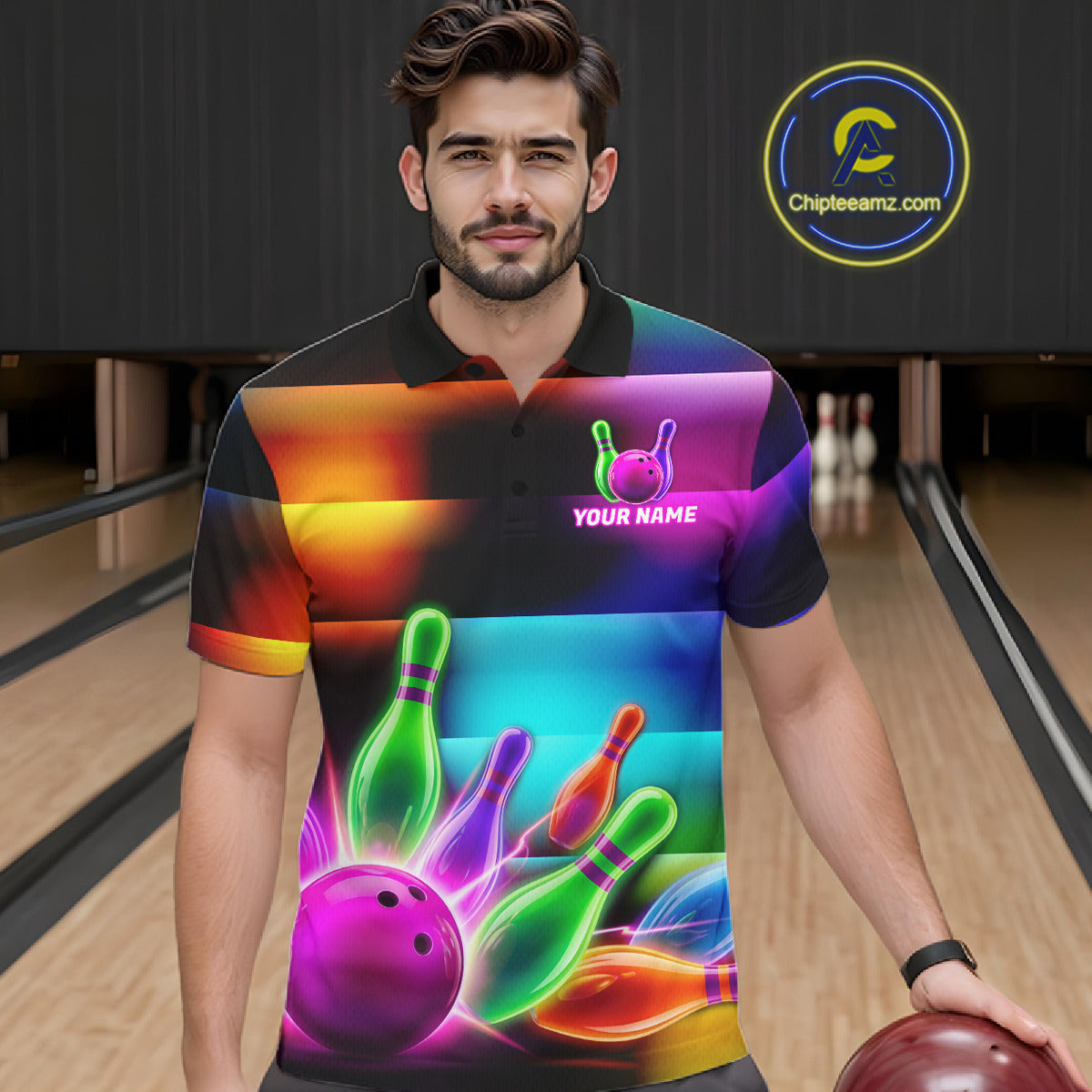 Mens Neon Light Bowling Team Shirts Personalized Colorful Ball & Pins Bowling Attire NYN3449