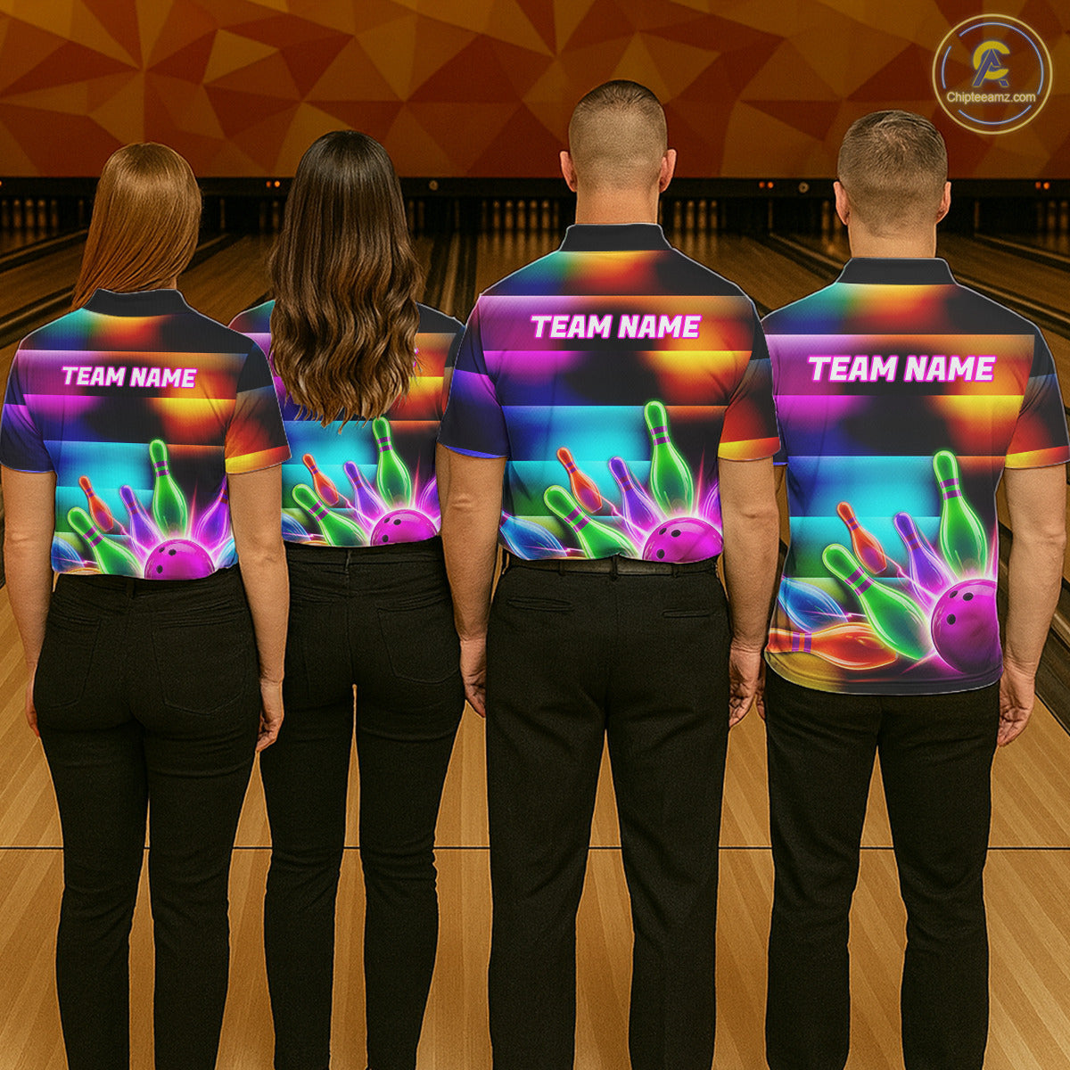 Mens Neon Light Bowling Team Shirts Personalized Colorful Ball & Pins Bowling Attire NYN3449