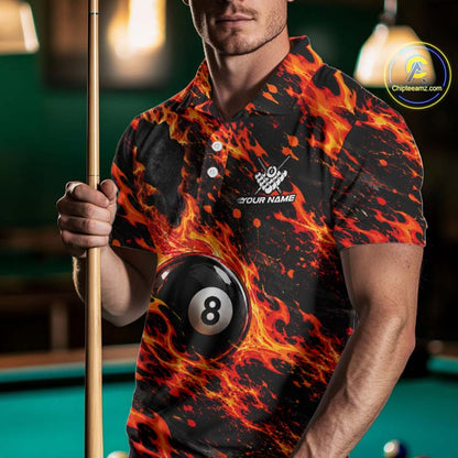 Fire Flame 8 Ball Pool Shirt For Men Custom Billiard League Team Polo & 1/4 Zip Jersey | Red NYN4023