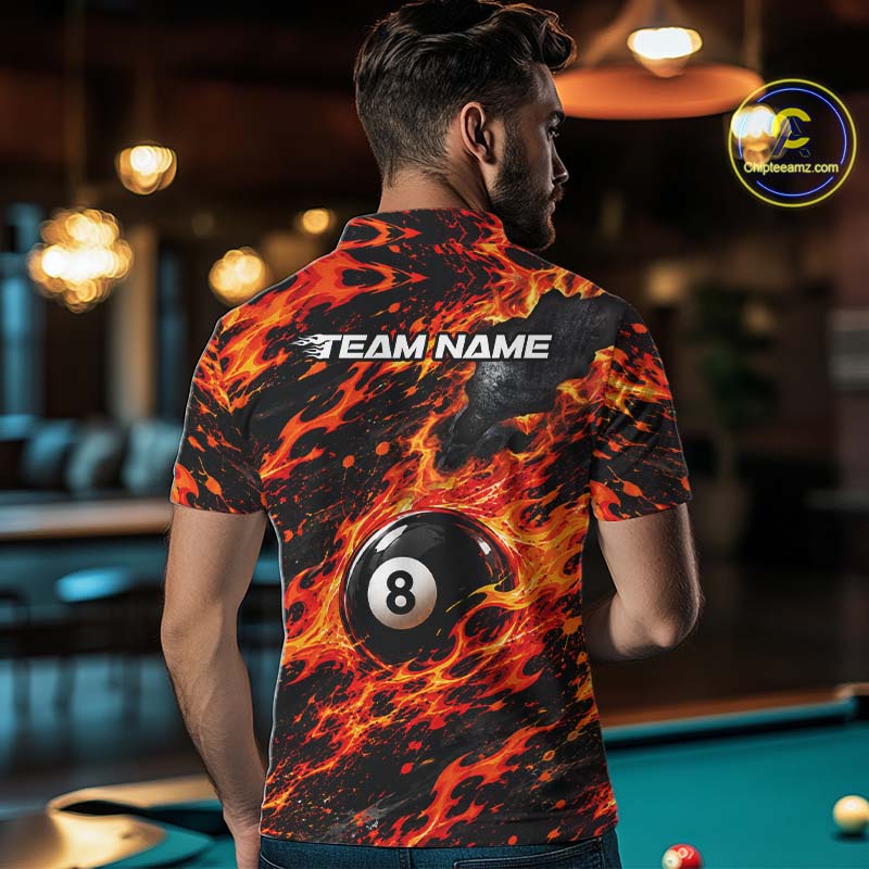 Fire Flame 8 Ball Pool Shirt For Men Custom Billiard League Team Polo & 1/4 Zip Jersey | Red NYN4023